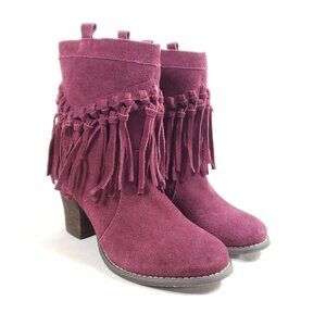Sbicca Womens 7.5 Suede Fringe Heeled Ankle Boots Burgundy Western Style